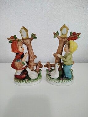 Vintage Boy & Basket Girl With Geese Praying at a Shrine of Virgin Mary MD KOREA